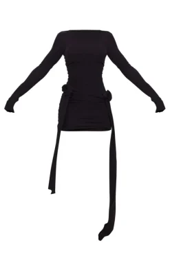 Black Soft Touch Long Sleeve Rose Detail Ruched Bodycon Dress