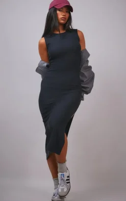 Black Soft Touch Racer Neck Sleeveless Midaxi Dress