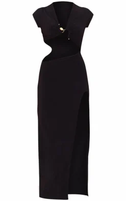 Black Soft Touch Short Sleeve Trim Detail Cut Out Maxi Dress