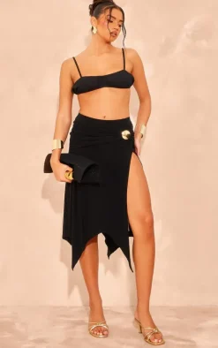 Black Soft Touch Slinky Handkerchief Hem Disc Midi Skirt