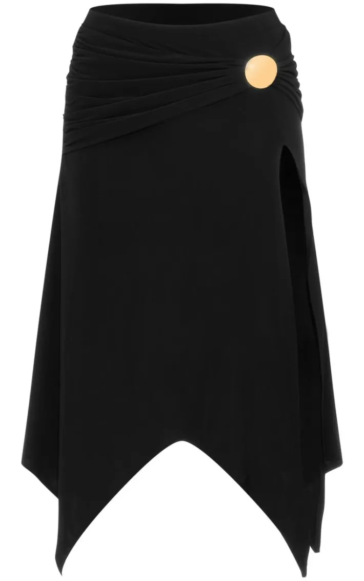 Black Soft Touch Slinky Handkerchief Hem Disc Midi Skirt