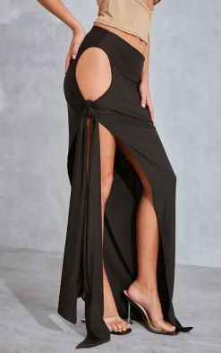 Black Soft Touch Slinky Knot Side Cut Out Maxi Skirt
