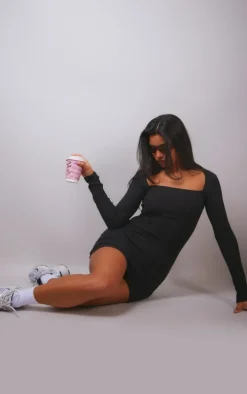 Black Soft Touch Square Neck Long Sleeve Bodycon Dress