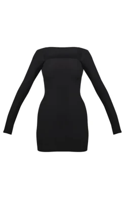 Black Soft Touch Square Neck Long Sleeve Bodycon Dress