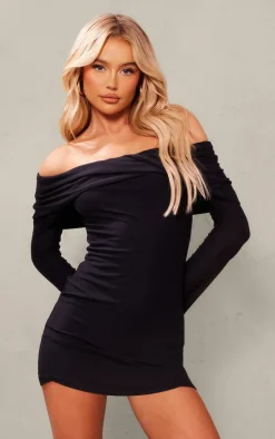 Black Soft Touch Twist Bardot Bodycon Dress