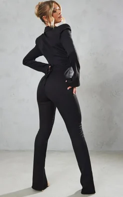 Black Split Hem Tie Waist Cut Out Blazer Jumpsuit