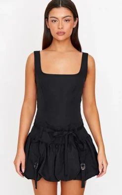 Black Square Neck Puffball Dress