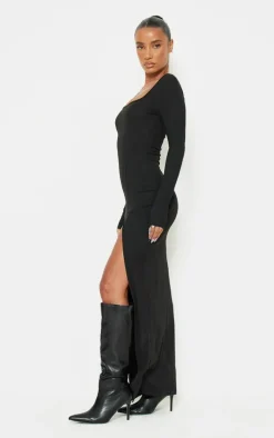 Black Square Neck Split Hem Midaxi Dress