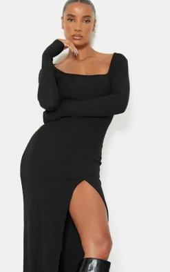 Black Square Neck Split Hem Midaxi Dress