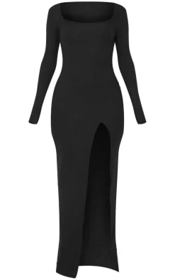 Black Square Neck Split Hem Midaxi Dress