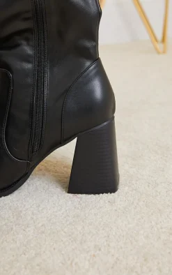 Black Square Toe Flare Block Heel Knee High Boots