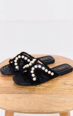 Black Square Toe Tassel Pearl Flat Sandals