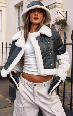 Black Statement Borg Trim Faux Leather Aviator Jacket