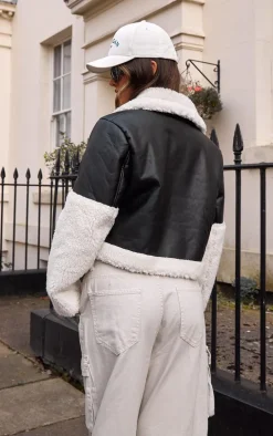 Black Statement Borg Trim Faux Leather Aviator Jacket