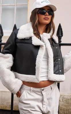 Black Statement Borg Trim Faux Leather Aviator Jacket