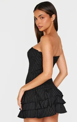 Black Stitch Detail Bandeau Frilled Shift Dress