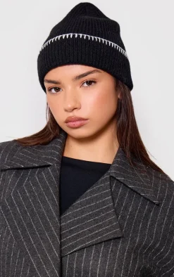 Black Stitch Detail Rib Beanie