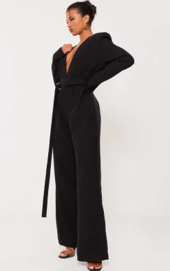 Black Strap Detail Cross Over Wide Leg Jumpsuit
