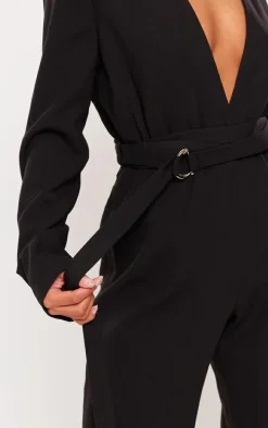 Black Strap Detail Cross Over Wide Leg Jumpsuit