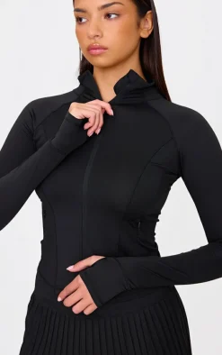Black Stretch Active Zip Up Pocket Detail Sports Jacket