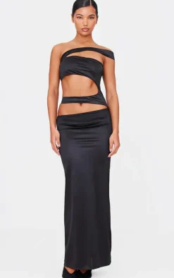 Black Stretch Satin Cut Out Maxi Dress