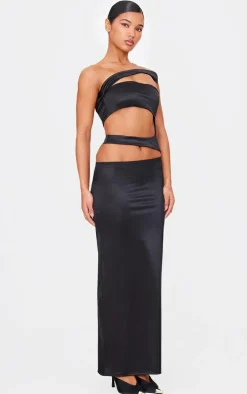 Black Stretch Satin Cut Out Maxi Dress