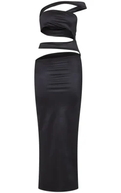 Black Stretch Satin Cut Out Maxi Dress