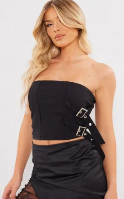 Black Stretch Woven Asymmetric Hem Buckle Detail Top