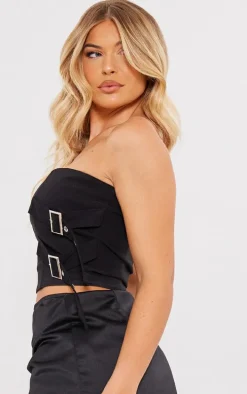 Black Stretch Woven Asymmetric Hem Buckle Detail Top