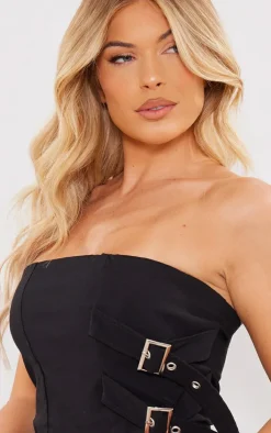 Black Stretch Woven Asymmetric Hem Buckle Detail Top