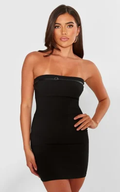 Black Stretch Woven Bandeau Belted Bodycon Dress