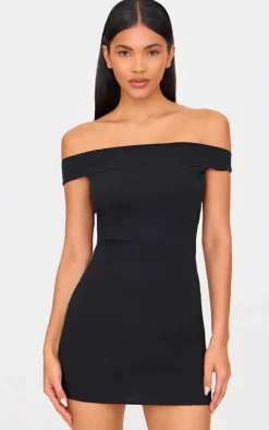 Black Stretch Woven Bardot Bodycon Dress