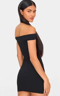 Black Stretch Woven Bardot Bodycon Dress