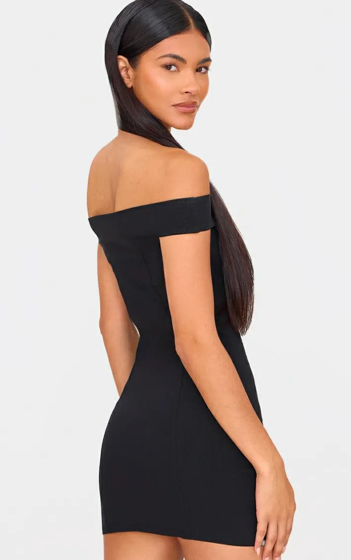 Black Stretch Woven Bardot Bodycon Dress
