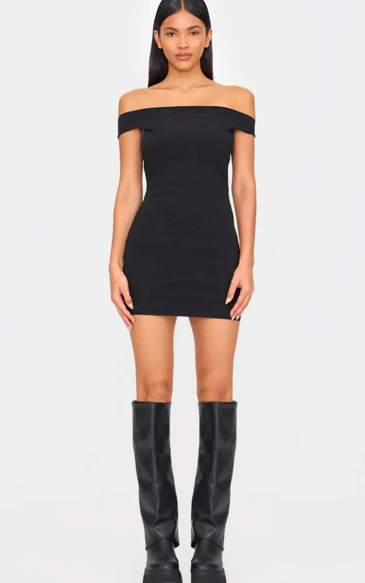 Black Stretch Woven Bardot Bodycon Dress