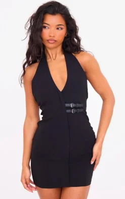 Black Stretch Woven Belted Bodycon Dress
