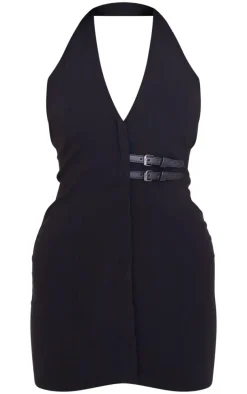 Black Stretch Woven Belted Bodycon Dress