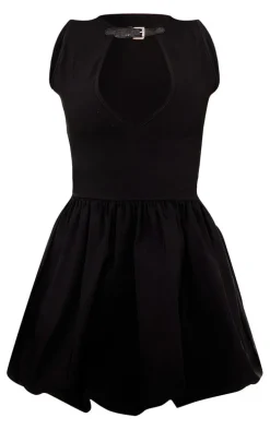 Black Stretch Woven Belted Puffball Mini Dress