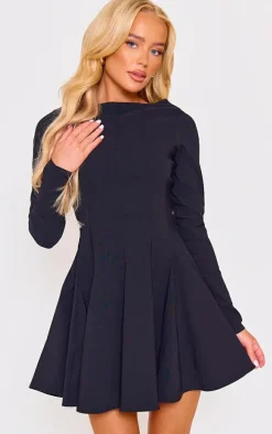 Black Stretch Woven Boat Neck Long Sleeve Pleated Shift Dress