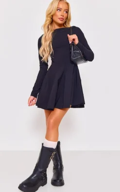 Black Stretch Woven Boat Neck Long Sleeve Pleated Shift Dress