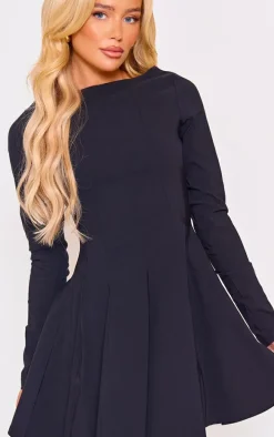 Black Stretch Woven Boat Neck Long Sleeve Pleated Shift Dress