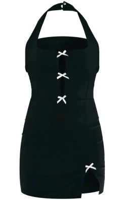 Black Stretch Woven Bow Detail Halterneck Bodycon Dress