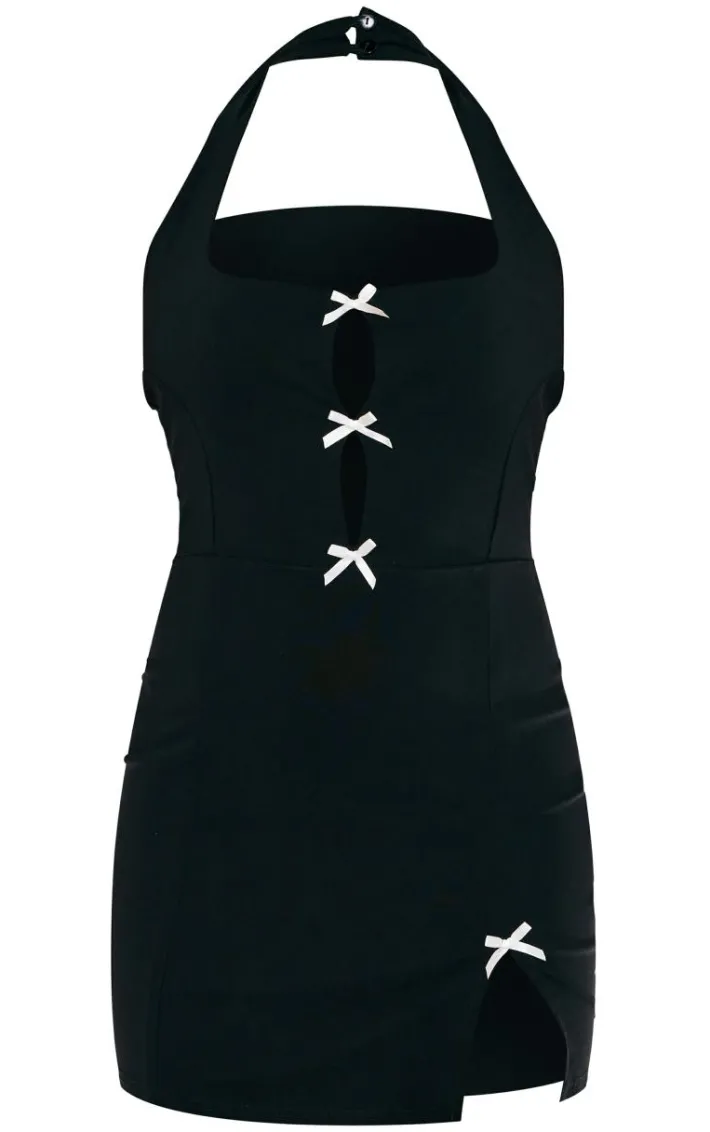 Black Stretch Woven Bow Detail Halterneck Bodycon Dress