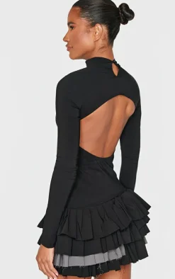 Black Stretch Woven Extreme Pleated Long Sleeve Shift Dress