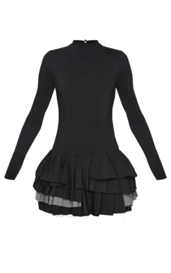 Black Stretch Woven Extreme Pleated Long Sleeve Shift Dress