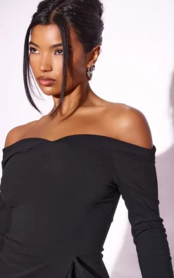 Black Stretch Woven Fold Bardot Wrap Bodycon Dress