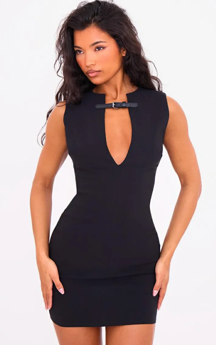 Black Stretch Woven Keyhole Belted Bodycon Dress