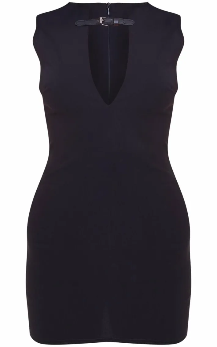 Black Stretch Woven Keyhole Belted Bodycon Dress