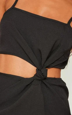 Black Stretch Woven Knot Cut Out Bodycon Dress
