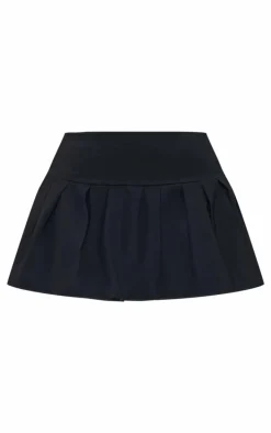 Black Stretch Woven Low Rise Pleated Micro Mini Skirt